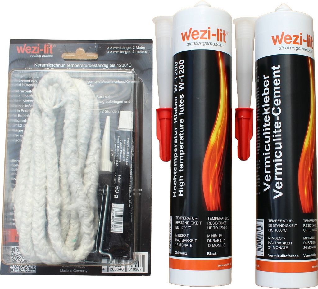 Ofenschnur Ø 8mm 2m + Schnurkleber + Dichtmasse W-1200 + Vermiculitekleber hitzebeständig bis 1000°