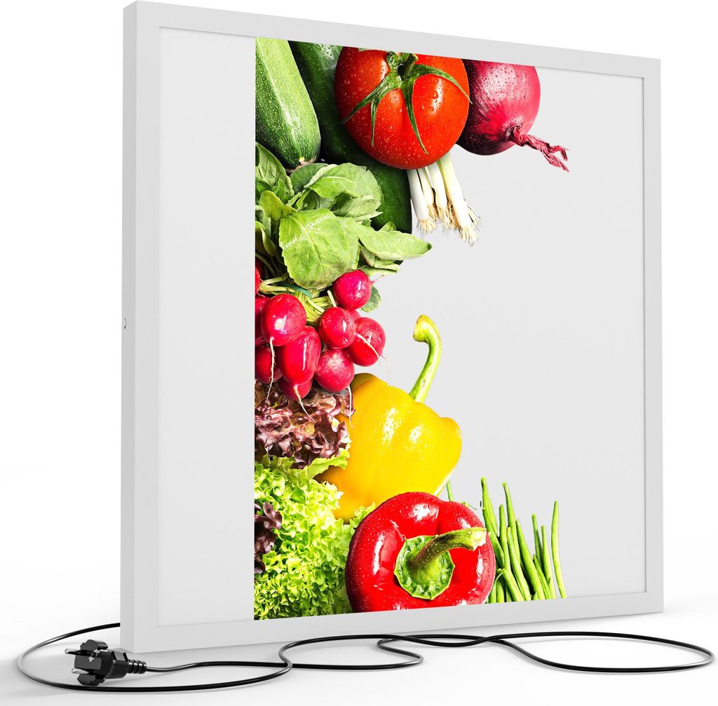 DEQORI LED-Bild & Lampe 60x60 cm Weiß 'Schiefertafel mit Gemüse' Leuchtbild LED Leuchte