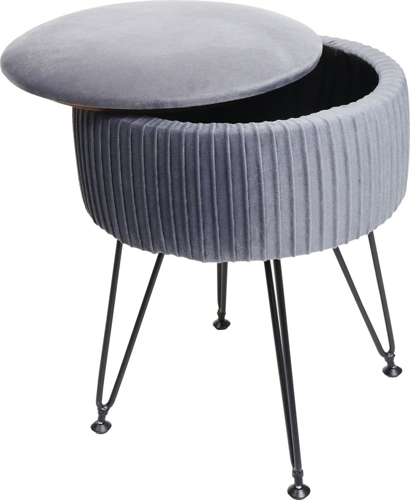 Sitzhocker MCW-K47, Hocker mit Staufach, Ø 33cm, Samt-Optik hellgrau, Gestell schwarz