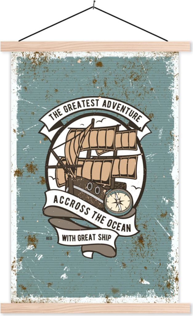 MuchoWow Textilposter Boot - Kompass - Retro - Illustration 120x180 cm mit holzfarbenen Rahmen - Textil-Plakat