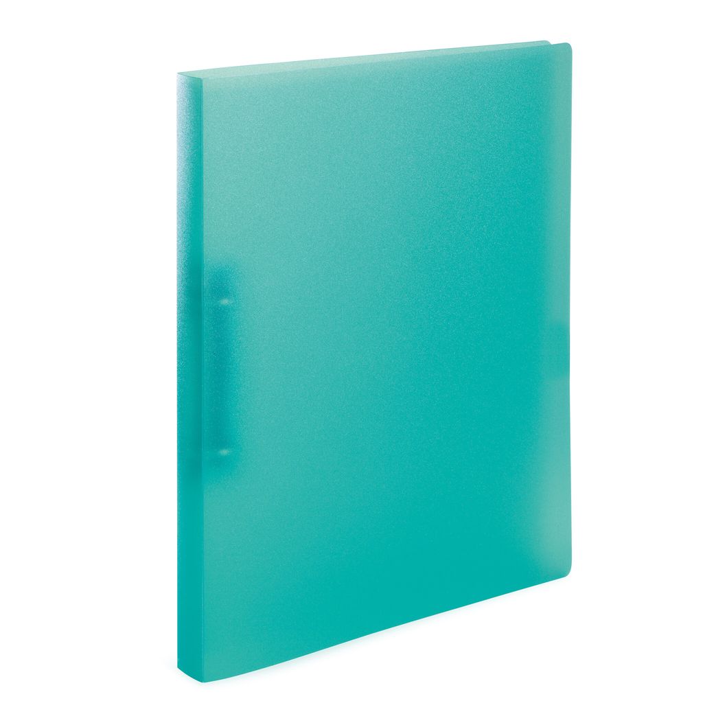 A single, translucent turquoise ring binder is shown against a white background.