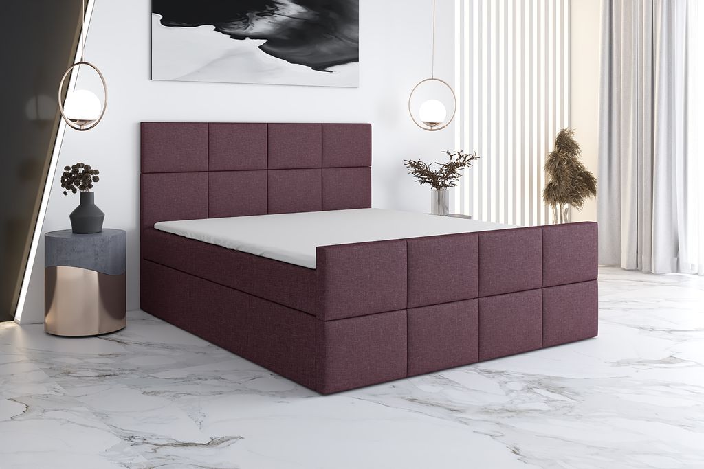 Boxspringbett CAPRIO 200x200 mit 2 Bettkästen, Bonell-Matratze und Topper. Farbe: Violett.