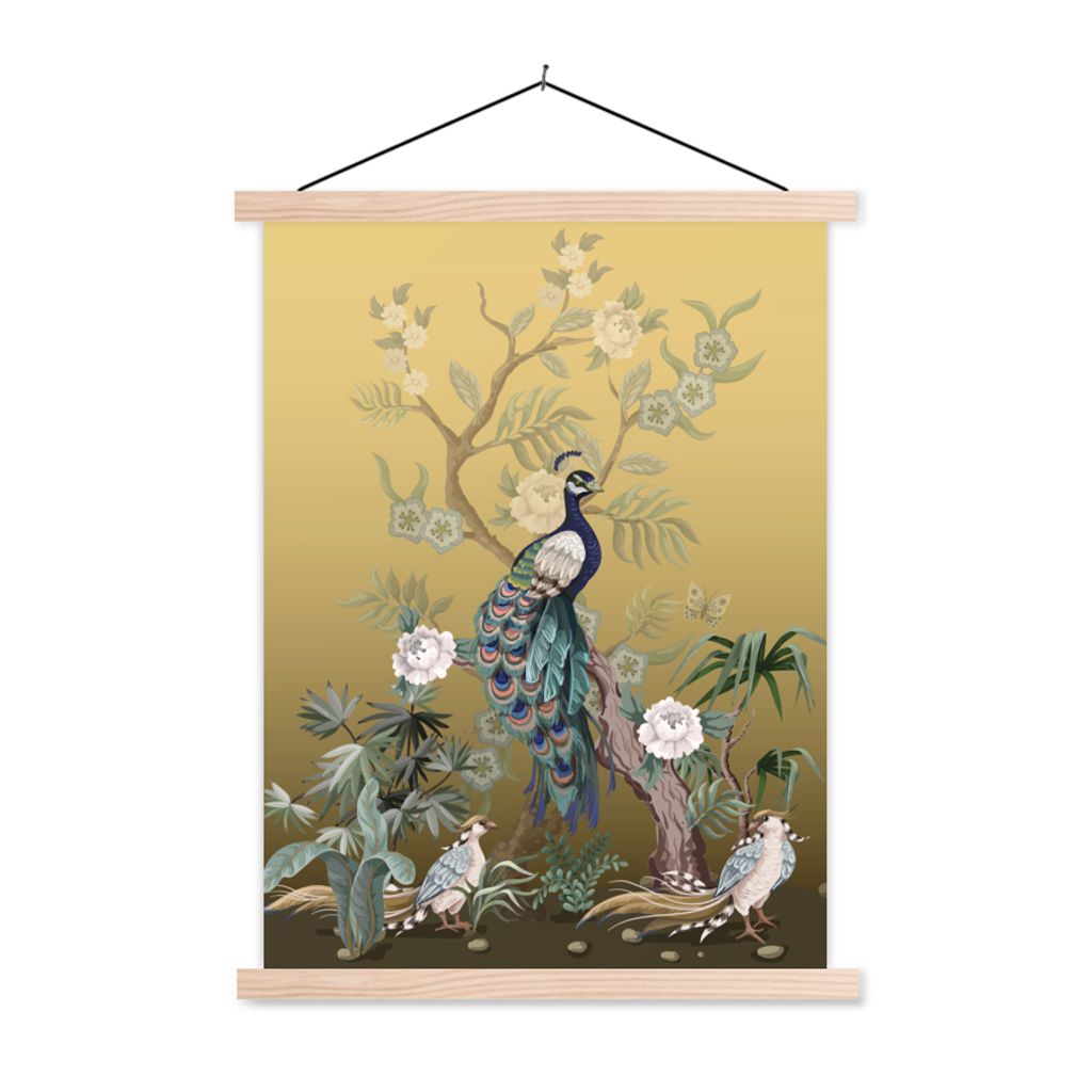MuchoWow Textilposter Pfau - Rosen - Gold - Pfauenfedern - Luxus 40x53 cm mit holzfarbenen Rahmen - Schlafzimmer