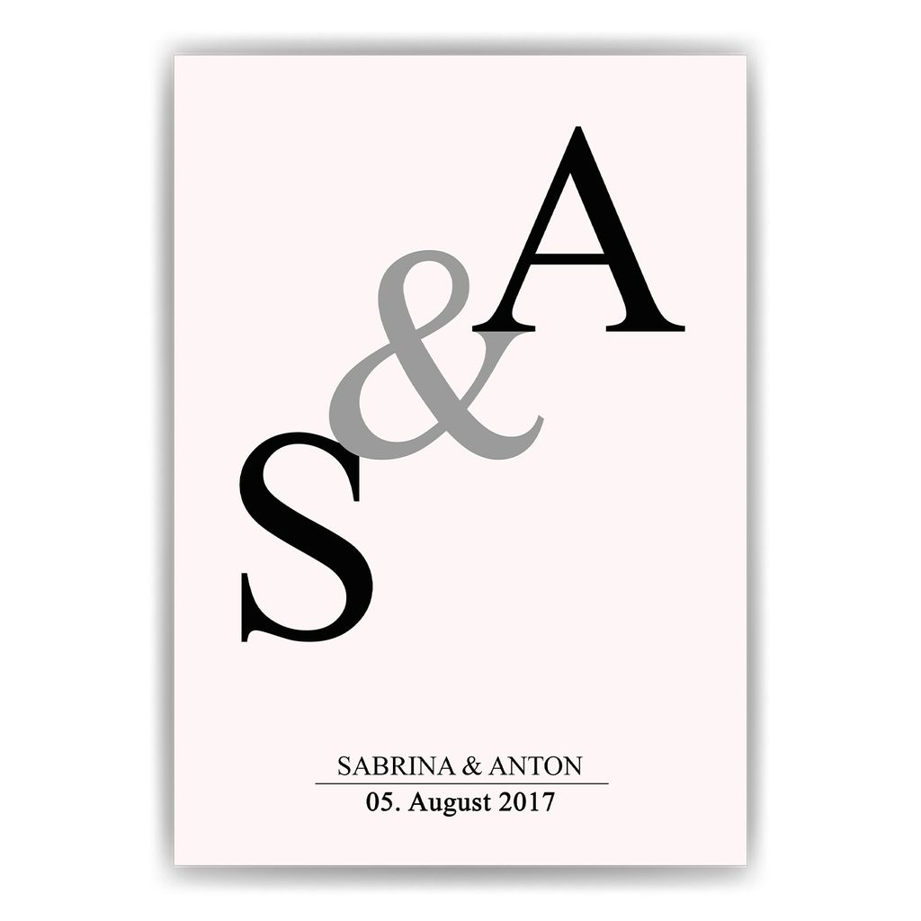 Initialen Partner Poster Personalisiert mit Datum & Namen Jahrestag Geschenk zur Hochzeit – DIN A3 mit Rahmen | Schwarz