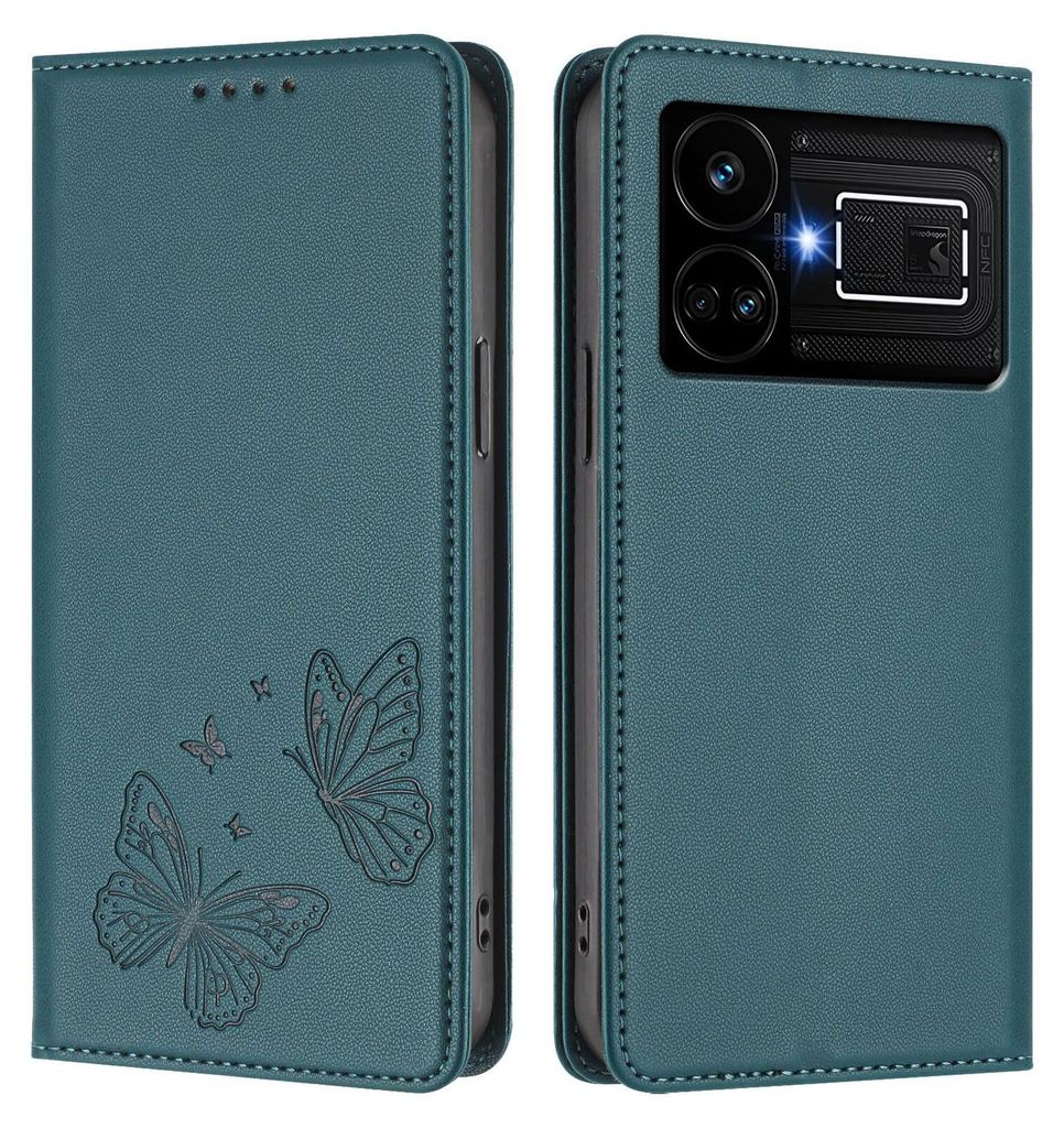 Lederhülle für Realme GT5 5G, Schmetterling Prägung Leder Brieftasche Schutzhülle mit Ständer Grün