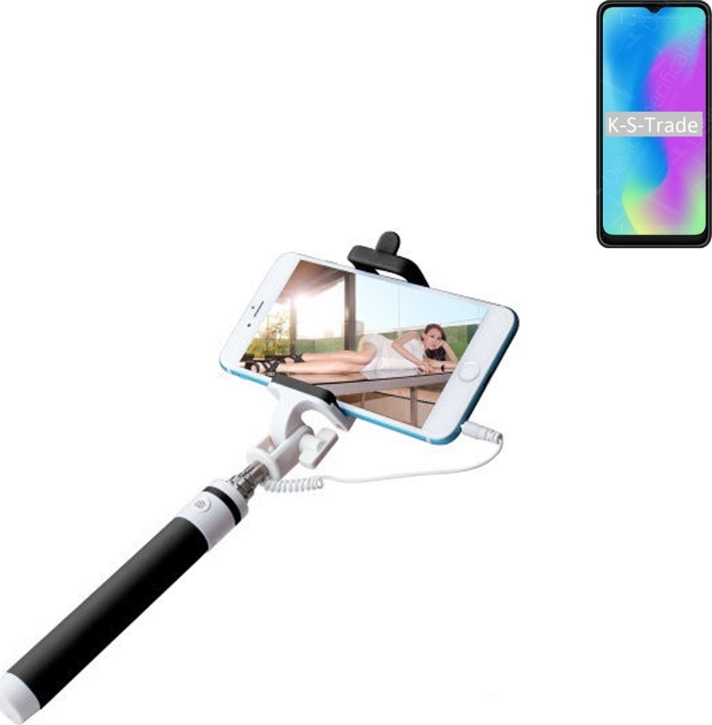 K-S-Trade Selfie Stick kompatibel mit HiSense E50 Lite Selfiestick kabelgebunden Monopod mit Kabel Stab Stange Selfportrait Handheldstick schwarz 1x