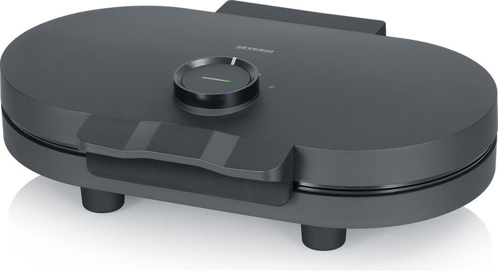 A gray waffle maker shown from a slight top-down angle on a white background.