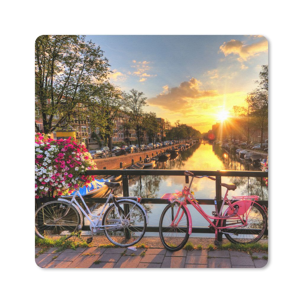 MuchoWow Mauspad Mousepad Amsterdam - Blumen - Brücke - Fahrrad - Sonnenuntergang 20x20 cm - Mousepads - Maus Mat - Pad - Mausunterlage - Desk M...