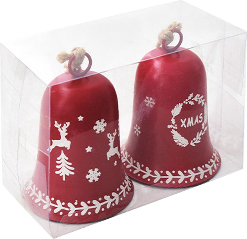 2 Stück rote Weihnachtsglocken, Ornament, Vintage, rustikale Hängeglocke mit Schneeflocken-Rentier-Baummuster, handgefertigte Glücksglocke für ...