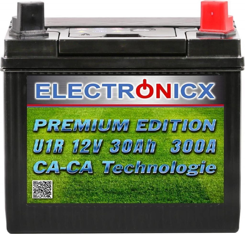 A black car battery with branding and specifications displayed on a label.