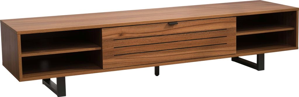A long, rectangular TV stand made of dark wood with black metal legs, shown against a white background.