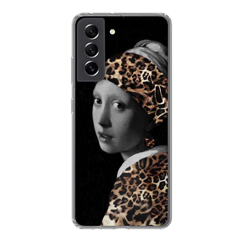 MuchoWow Handyhülle Schutzhülle Hülle für Samsung Galaxy S21 FE Das Mädchen mit dem Perlenohrring - Pantherdruck - Vermeer Silikon Softcase ...