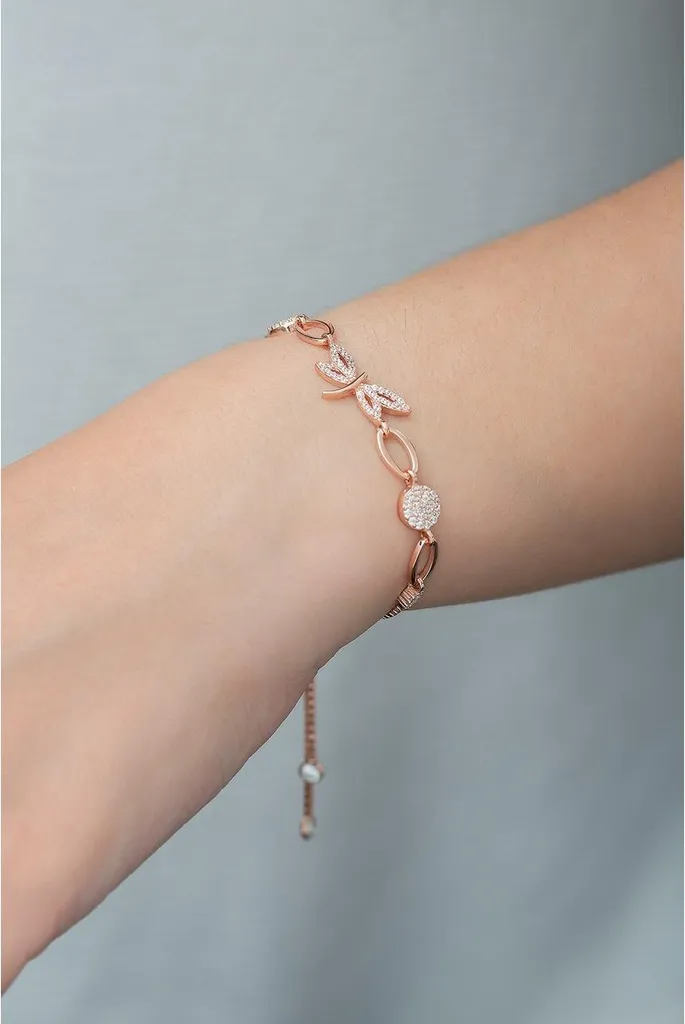 Bracelet en argent 925 motif libellule avec dorure rose et oxydes