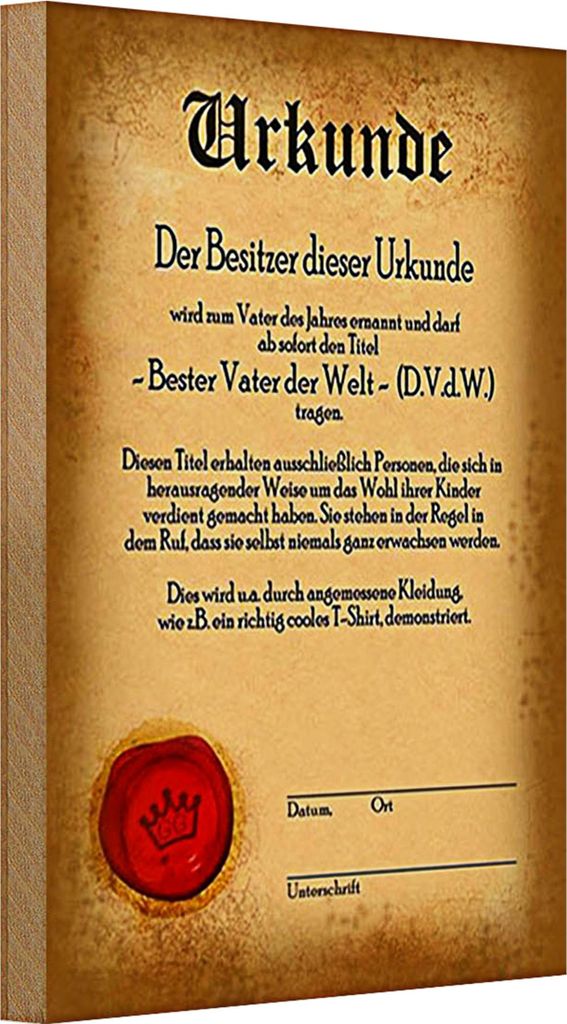Holzschild Vater 20x30cm Urkunde bester Vater der Welt