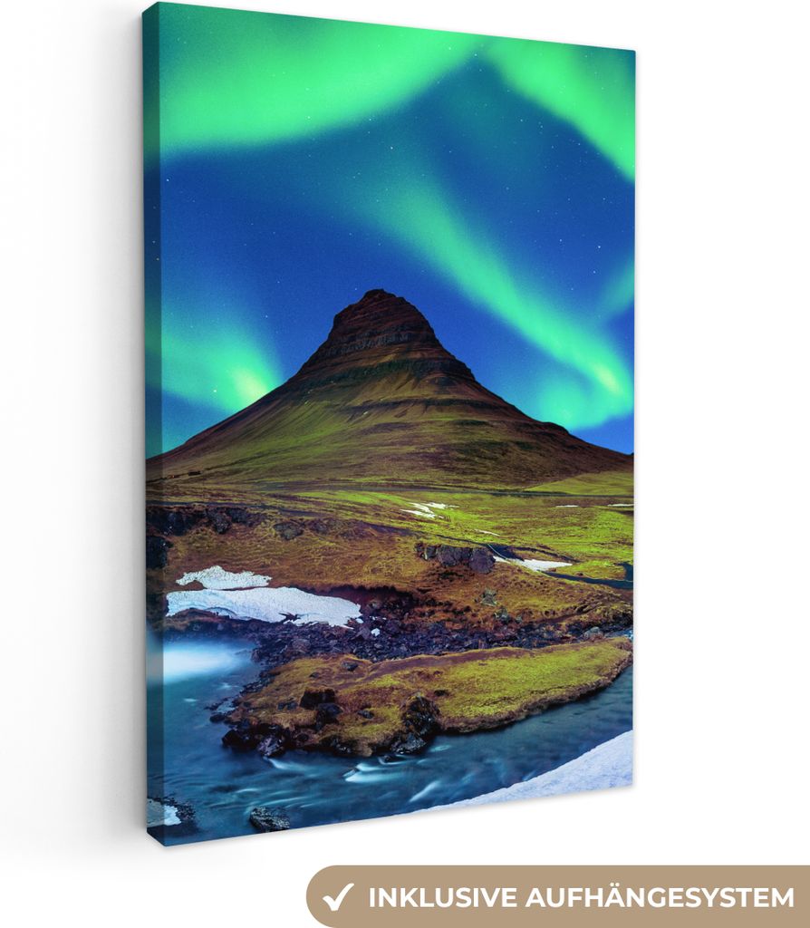 MuchoWow - Leinwandbilder - Nordlicht - Sternenhimmel - Island - Berg - Grün - Wasserfall - See, Wandbild, Wanddeko Bilder Wohnzimmer, 20x30 cm