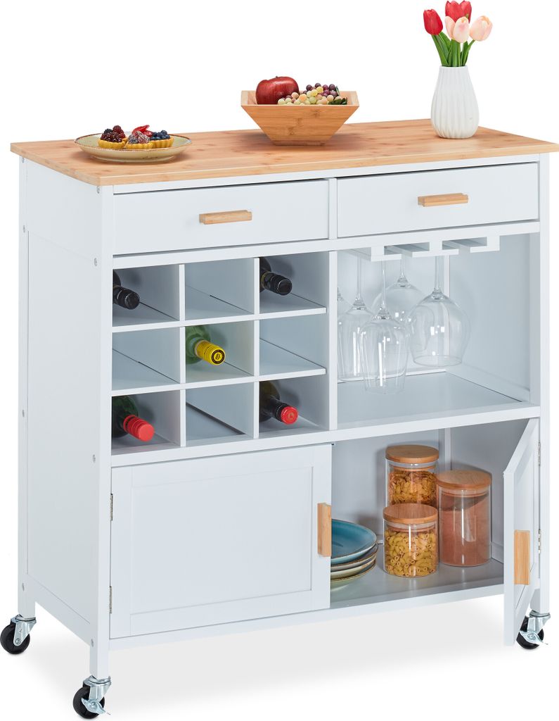 Relaxdays Küchenwagen, HxBxT: 88,5 x 86 x 41 cm, Arbeitsplatte, Weinregal, Gläserhalter, Küchenschrank mit Rollen, weiß