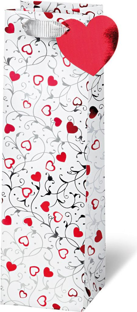 Tasche - Flaschen Format - 36x10,5x10 cm - Silver Hearts - rote