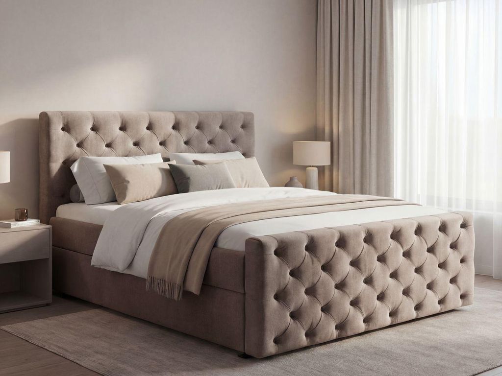 GrainGold Boxspringbett Montego 140x200 - Bett mit Matratze und Topper - Boxspringbett mit Bettkasten und Matratze - Boxspringbett Braun (Monolith 09)