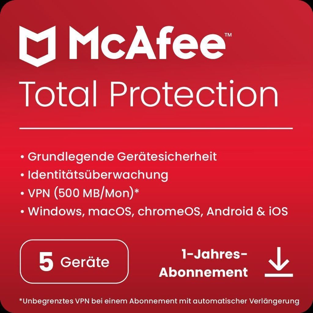 McAfee Total Protection | 5 Geräte | 1 Jahr | Vollversion | Windows/Mac/Android/iOS | Download-Version