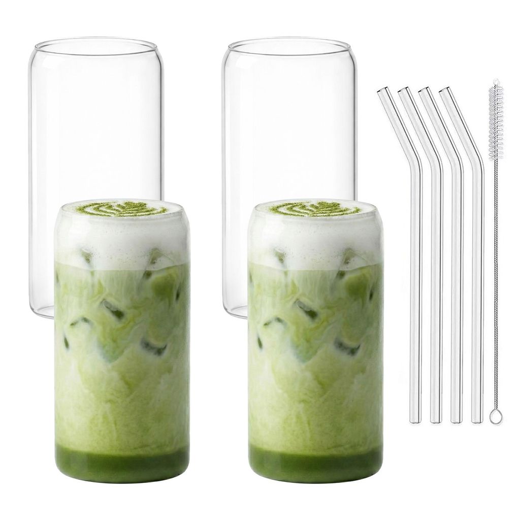 4er Set Trinkgläser 500ml inkl. Glashalme und Reinigungsbürstchen - ideal für Iced Matcha Latte, Latte Macchiato, Smoothies, Cocktails
