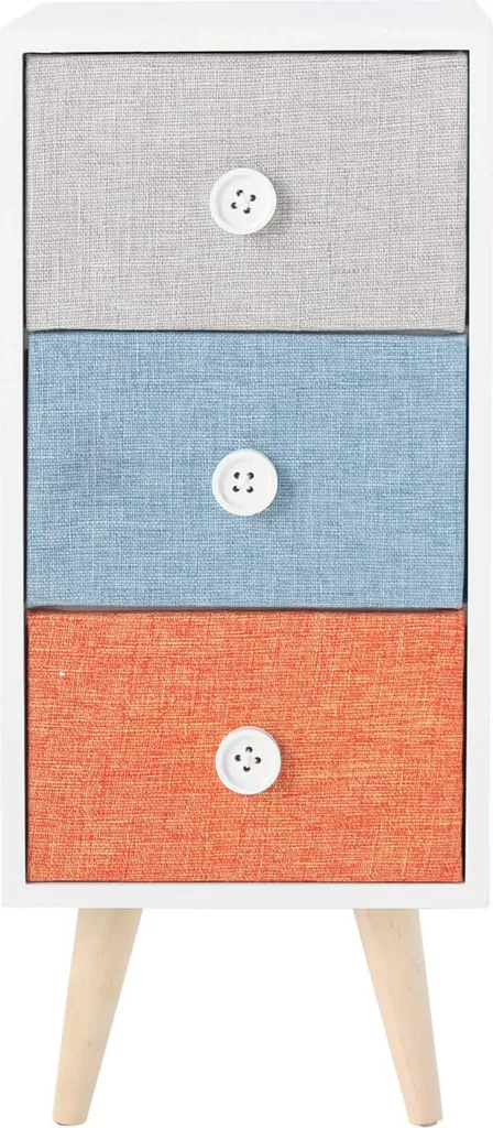 Rebecca Mobili Table de Nuit 3 Tiroirs en Bois et Tissu Blanc et Coloré