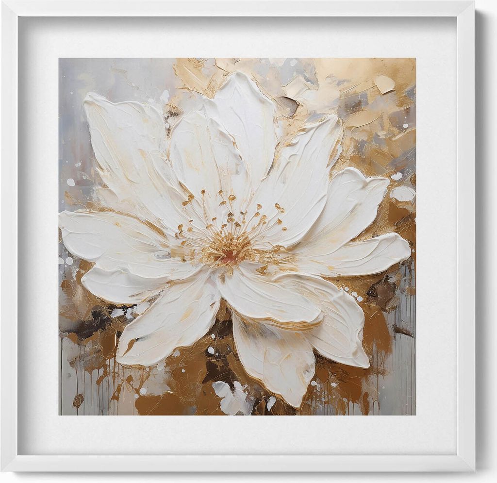 Zarte gemalte Blume– Wandbild mit Rahmen – Gerahmtes Bild – Wanddekoration – 50x50 cm – Weiß Rahmen