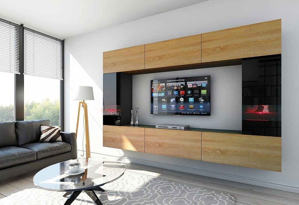 Furnitech Wohnwand Wohnzimmer - Wohnzimmer Möbel mit LED RGB - 16 Farben - Hängend Wohnwand Modern - Regale und TV Schrank (Future C29-HGM-BD-47 1A)