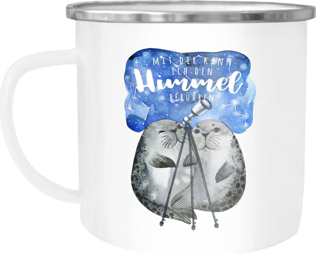 Emaille Tasse Becher Geschenk Liebe Mit dir kann ich den Himmel berühren Spruch Liebesspruch Seehunde Robben Sterne Kaffeetasse Moonworks weiß-...