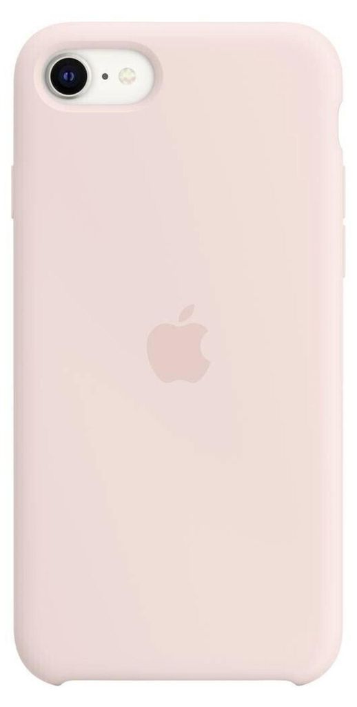 A pink silicone iPhone case with the Apple logo embossed in the center.