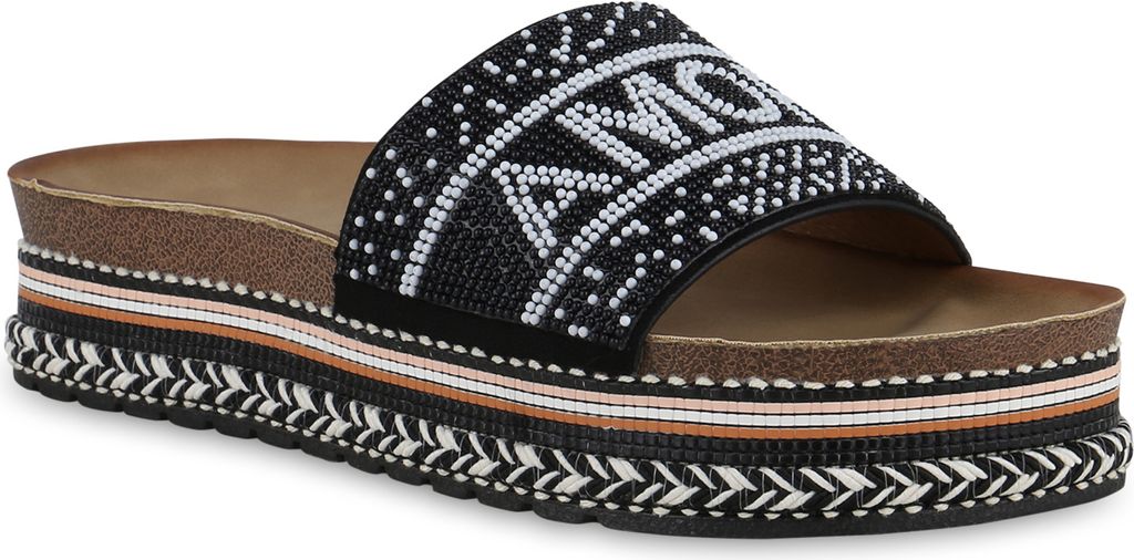VAN HILL Damen Pantoletten Sandaletten Zierperlen Prints Plateau-Schuhe 841097, Farbe: Schwarz, Größe: 37