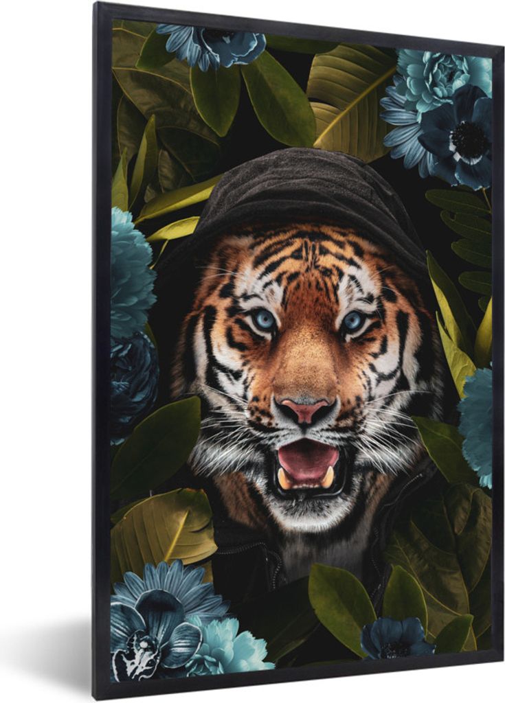MuchoWow MuchoWow Gerahmtes Poster Tiger - Blumen - Pflanzen 20x30 cm - Poster mit zchwarzem Bilderrahmen - Drucken - Bilder Poster im Rahmen