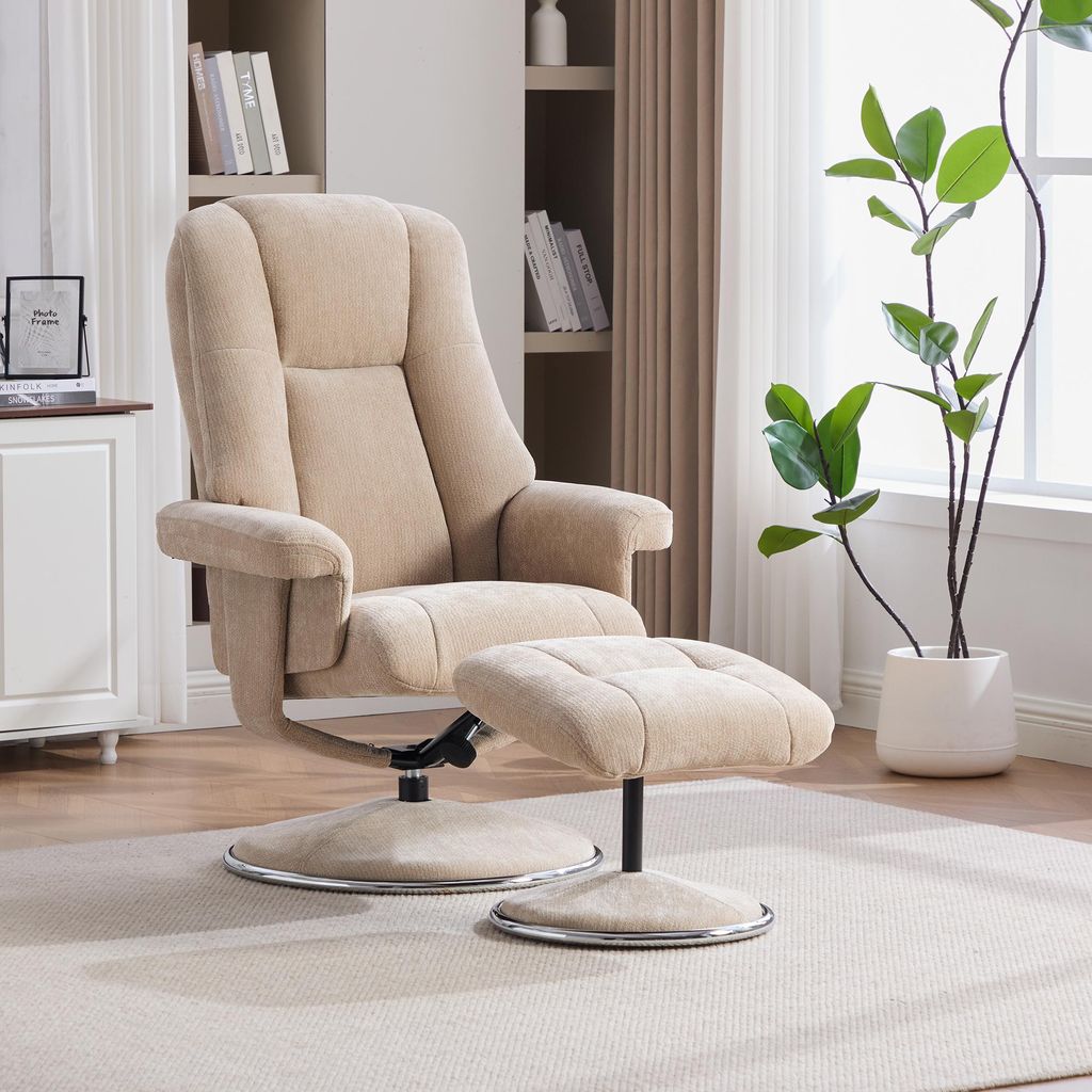 okwish Drehbarer Relaxsessel mit Hocker, Einzelsessel Vollmetallsockel stoffbezogen, Polsterstuhl Chenille, für Wohnzimmer, Helltaupe