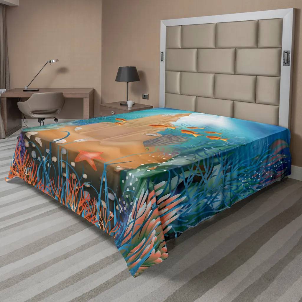 Drap de lit plat pour chambre d'enfant aquarium et poissons 266x260 cm