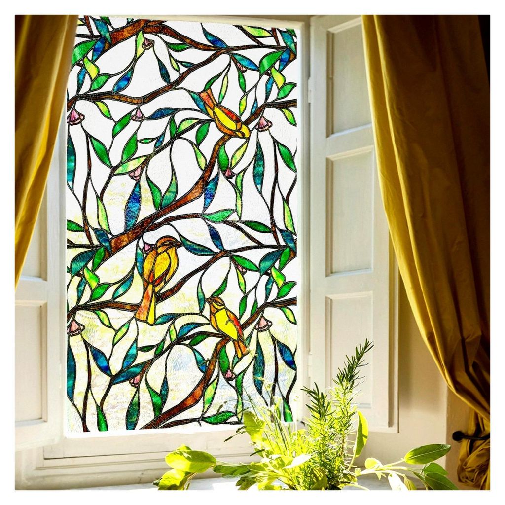 Buntglas-Fensterfolie, Sichtschutz, 55 x 300 cm, doppelseitig, mattiert, nicht klebend, Dekoration für Glastüren, gelber Vogel auf Ast