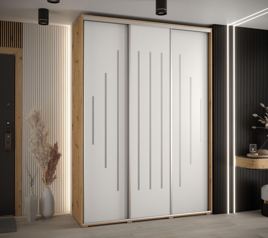 Kleiderschrank ASIRI 12 - 170/45 cm, Artisan-Eiche / Weiß / Silber