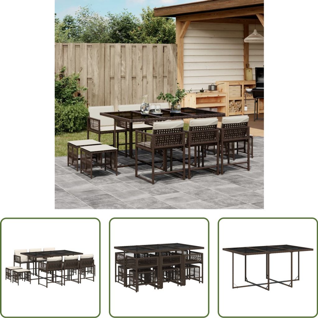 The Living Store 11-tlg. Garten-Essgruppe mit Kissen Braun Poly Rattan