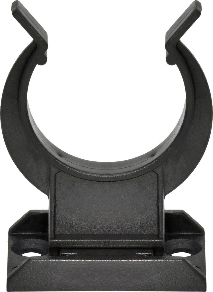 A black plastic cabinet base clip is shown against a white background.