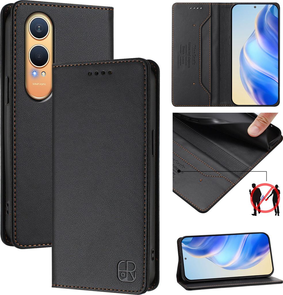Lederhülle für OnePlus Nord CE4 Lite Hülle Flip Brieftasche Kartenfächern Ständer Schutzhülle Schwarz