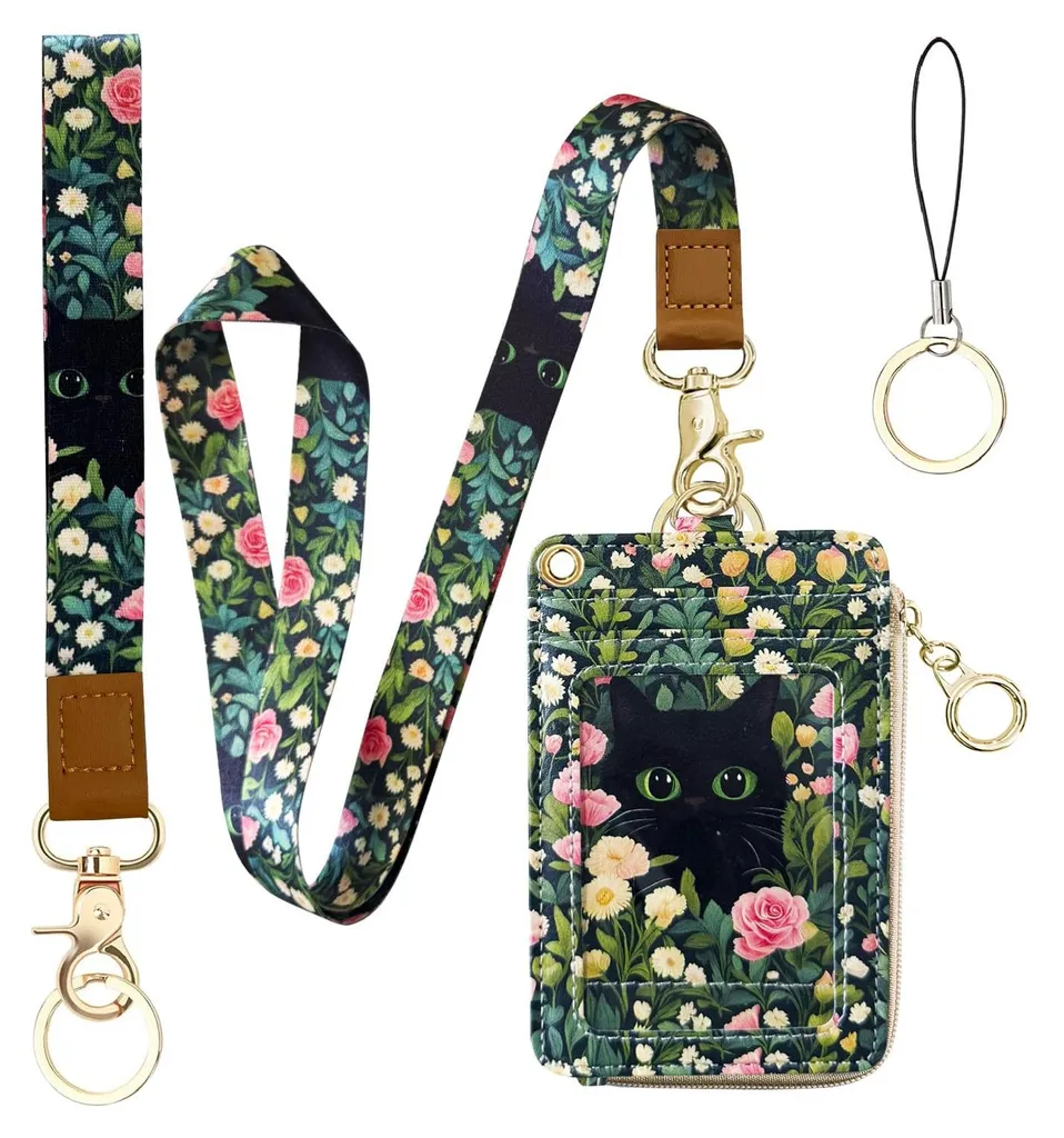 Porte-cartes 2 en 1 en cuir avec cordon et fermeture éclair, Noir Modèle C