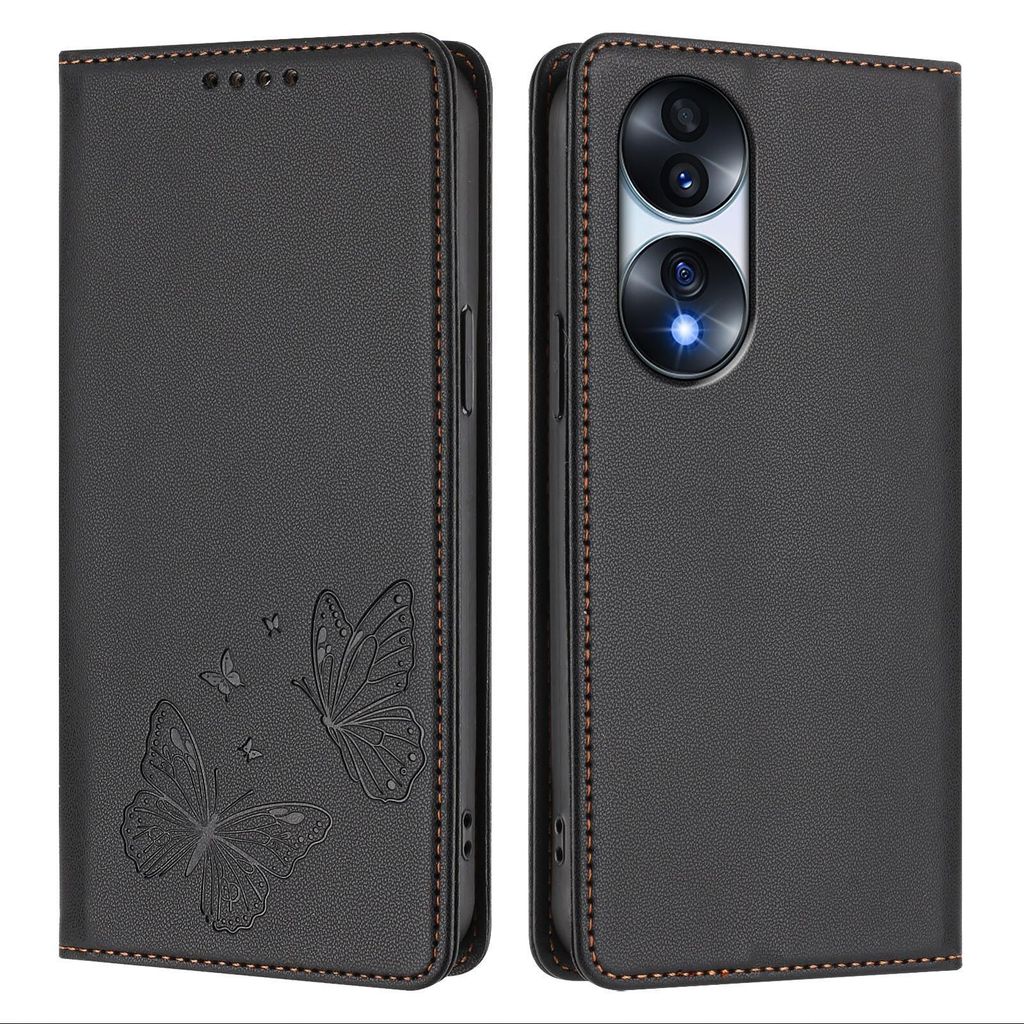 Lederhülle für Honor 70, Schmetterling Prägung Leder Brieftasche Schutzhülle mit Ständer Schwarz