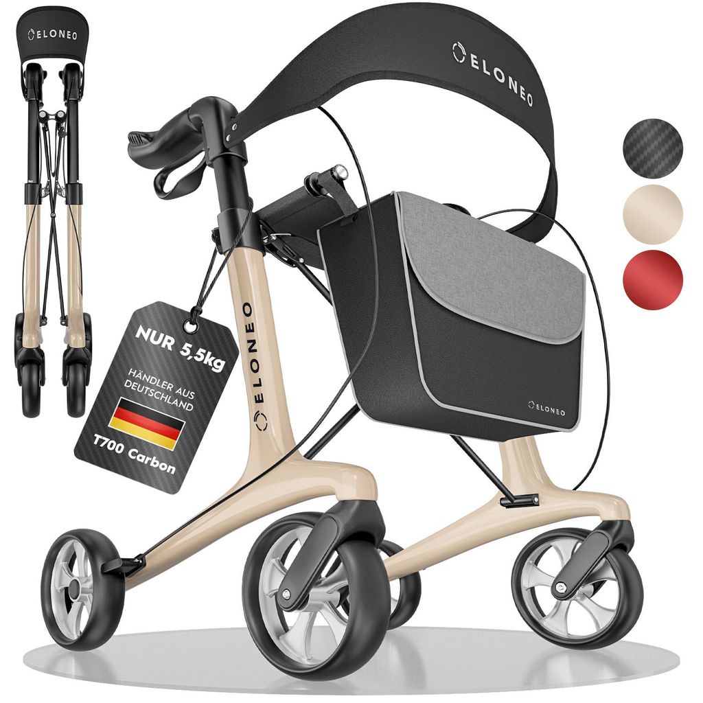 ELONEO Carbon Rollator faltbar und leicht mit Sitz, Produktbild 