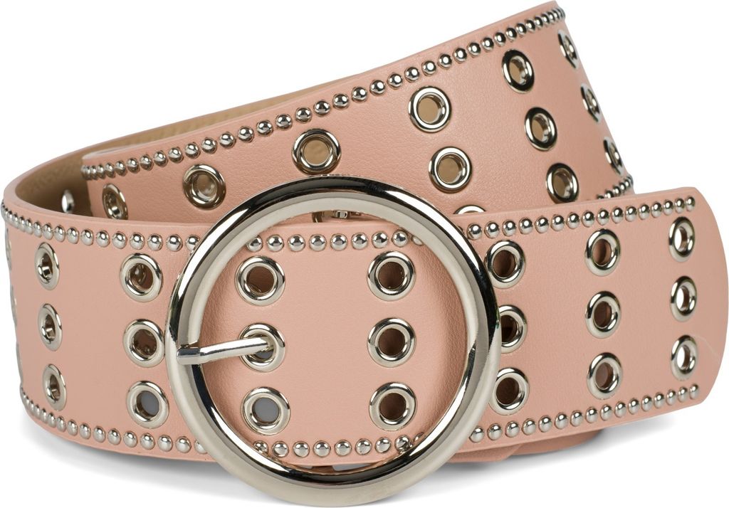 styleBREAKER Damen breiter Gürtel mit Lochnieten und runder Schließe, Nietengürtel, Taillengürtel, kürzbar 03010122