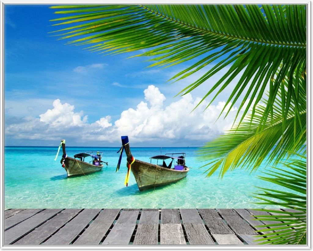 Wallario Wandbild Sonnenboot in der Karibik, Größe: 40,30 x 50,30 cm, Poster mit weißem Aluminiumrahmen