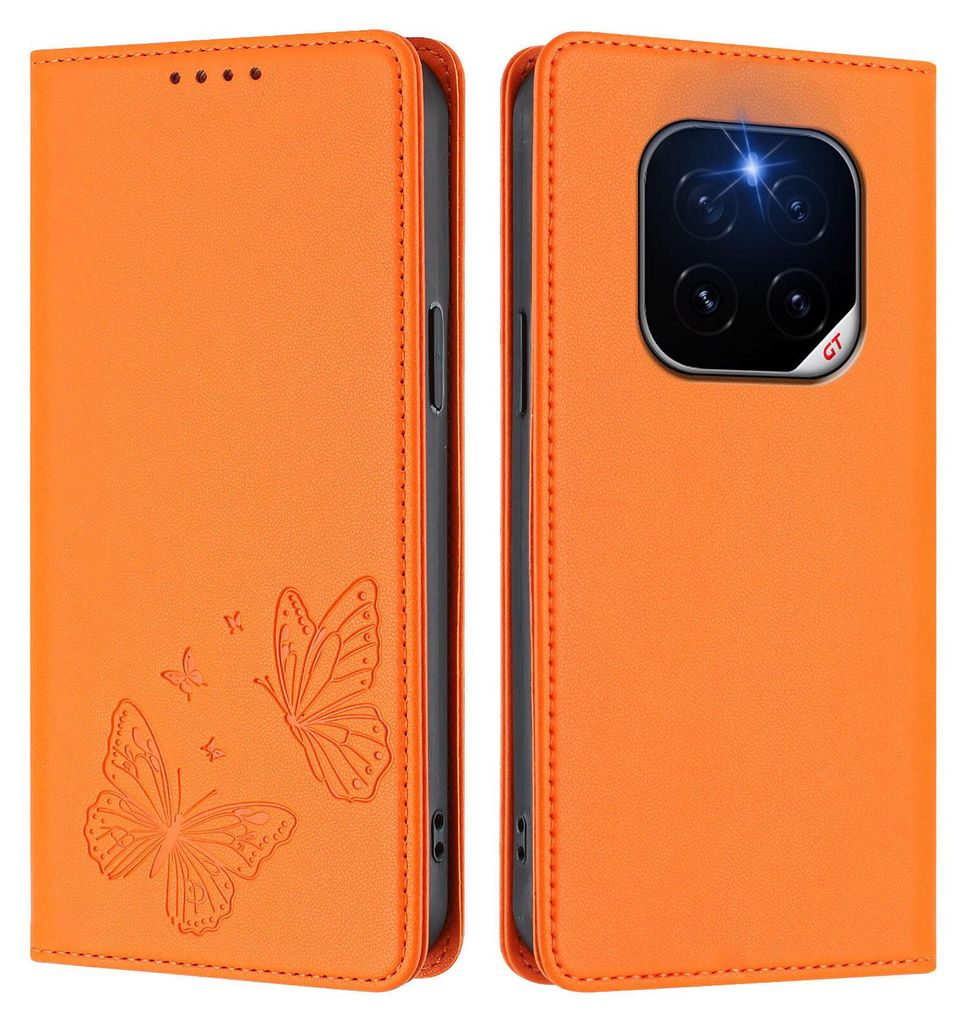 Lederhülle für Honor GT Pro, Schmetterling Prägung Leder Brieftasche Schutzhülle mit Ständer Orange