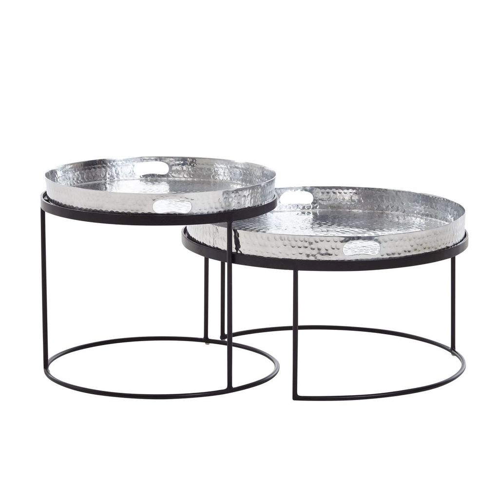 Couchtisch 2er Set Silber / Schwarz Metall Hammerschlag Satztisch Rund, Sofatisch abnehmbares Tablett, Tabletttisch Sofa 2 teilig Modern, Runder Be...