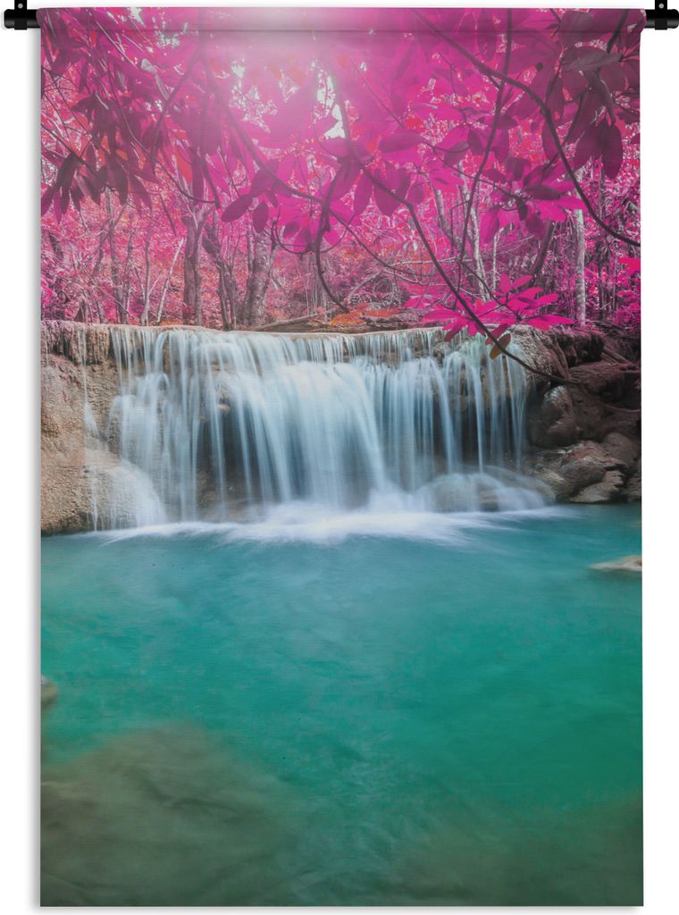 MuchoWow Wandteppich Wandbehang Wasserfall - Baum - Rosa - Natur 120x180 cm Tapisserie Dekoration Wandtuch - Schlafzimmer - Dekorationen für das...