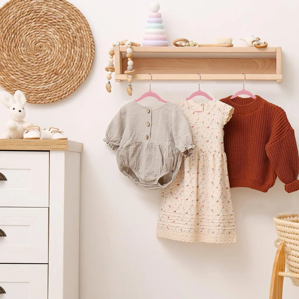 60 Cintres Enfants en Velours Rose 35,5 cm avec Crochet Pivotant 360°