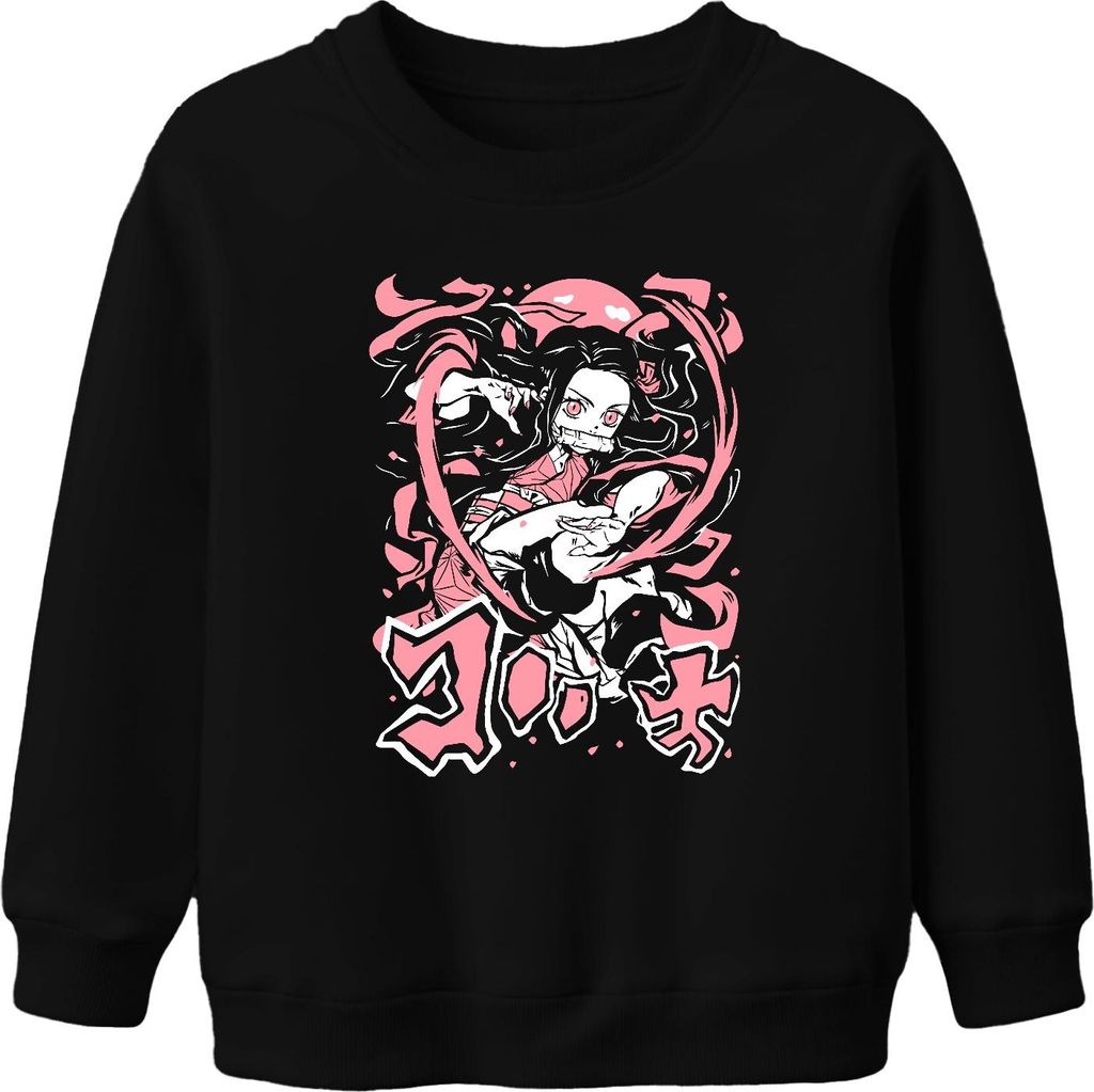 Nezuko Kimetsu no Yaiba Dämonenmädchen Bambus Kampfpose Rosa Uni Kinder Sweatshirt Pullover, Schwarz, 152