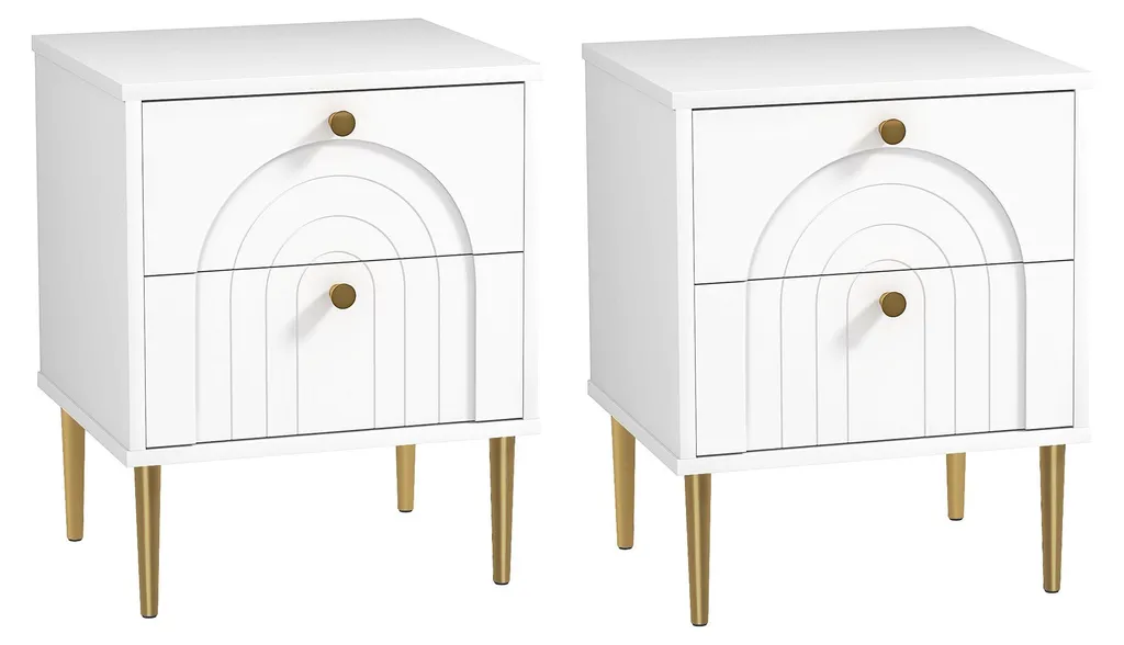 Tables de chevet 2 tiroirs gain de place, blanc pieds acier 40x35x50cm