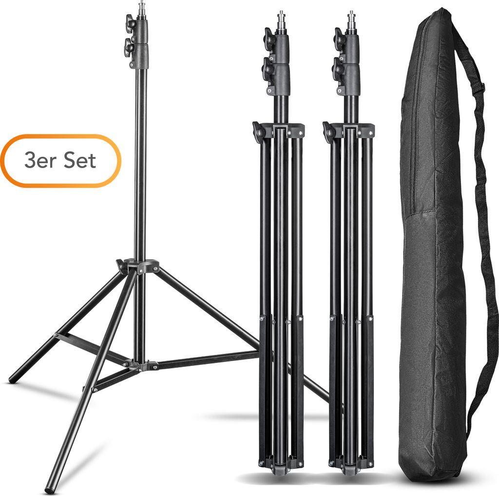 Walimex pro Lampenstativ FT-8051 3er-Set bis 260 cm Höhe, Lichtstativ mit Federdämpfung inkl. 3/8" Adapter & Taschen, Blitzstativ bis 5 kg, Studi...